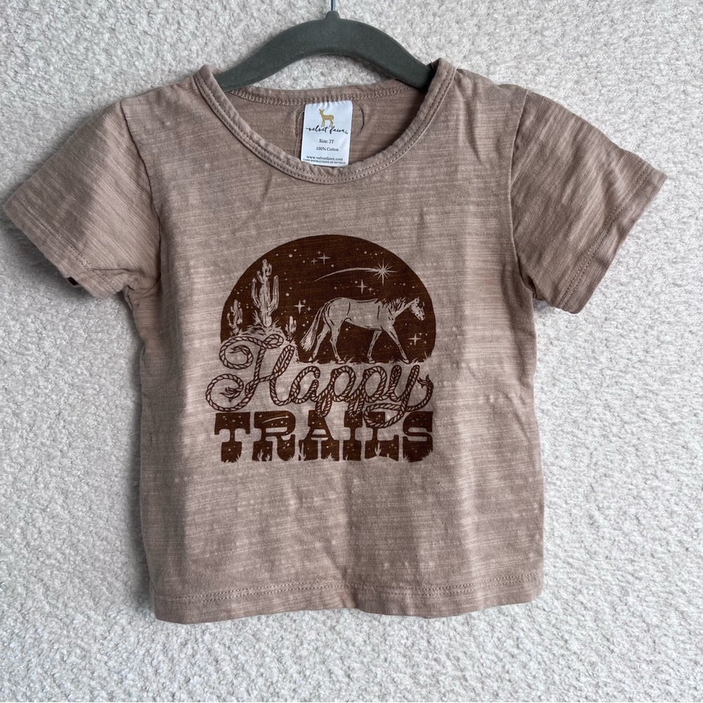 Velvet Fawn Toddler Tan‎ Brown Horses Happy Trails Short Sleeve Shirt 2T
